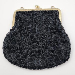 Vintage La Regale Women's Beaded Black Cocktail Party Clutch No Shoulder Chain